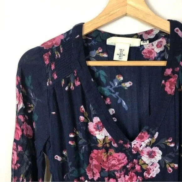 LOGG H&M Navy Blue Pink Floral Long Sleeve Mini Dress 4 - Picture 3 of 3